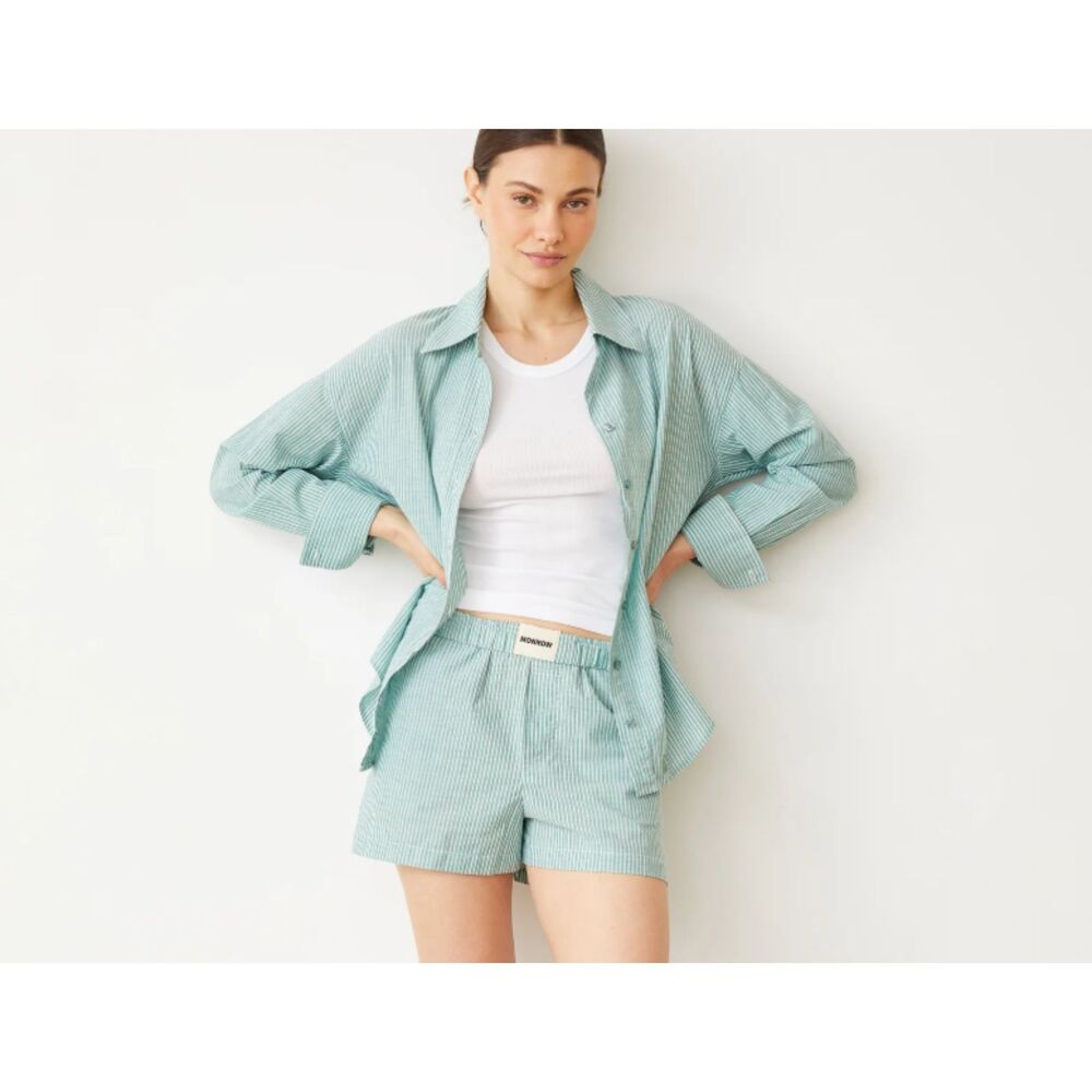 Monrow Poplin Oversized Shirt Striped Cactus Green Large - Picture 8 of 8